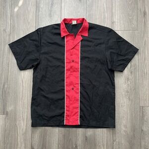 VTG Hilton Bowling Shirt Mens L Button Up Black Red Short Sleeve